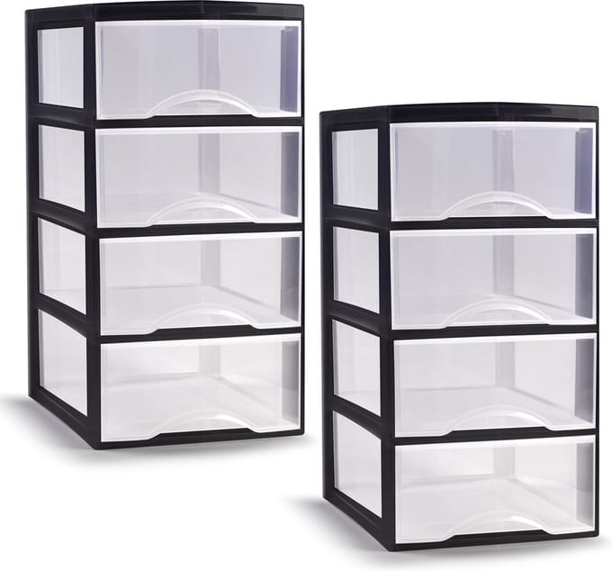 Plasticforte Ladeblokje/bureau organizer met 2x lades - transparant/zwart - L18 x B23 x H34 cm