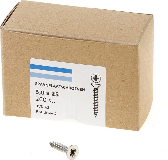 Hoenderdaal Spaanplaatschroef RVS platverzonken kop PZ2 voldraad 5.0X25 (per 200 stuks)