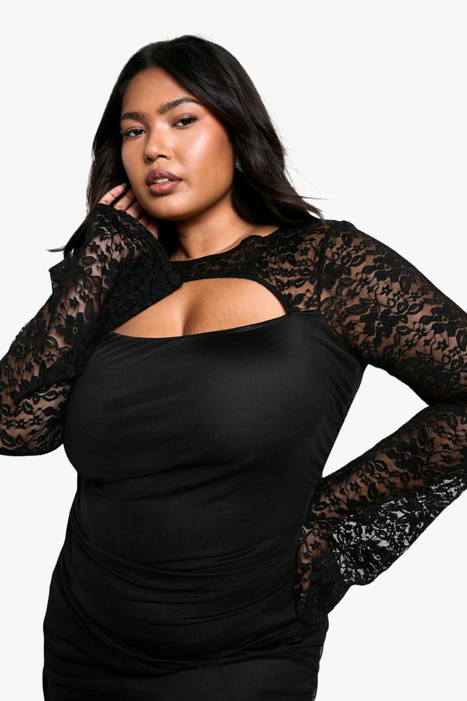 boohoo Dames Plus-maat Mesh Kant Geruched Bodycon Jurk | Zwart | Maat: 54