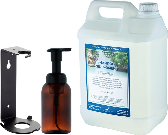 Zeepdispenser 300 ml amber bruin hervulbaar + 5 liter Shampoo Zen Moment navulling (inclusief beugel)