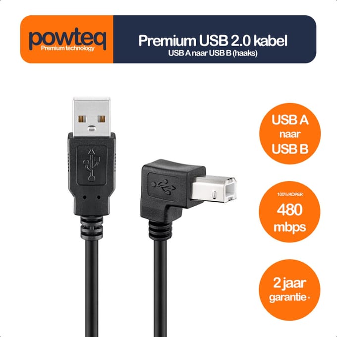 Powteq - Haakse 2 meter premium USB 2.0 kabel - USB A naar USB B - Haakse USB B stekker - Printerkabel