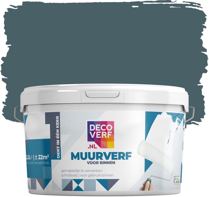 Decoverf muurverf mat petrolblauw, 2.5L