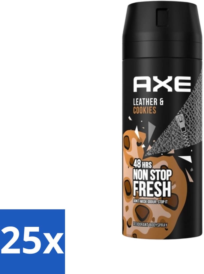 Axe - Deodorant Bodyspray - 48hrs Fresh - Leather & Cookies - 150 ml - Bulkverpakking - 25 stuks
