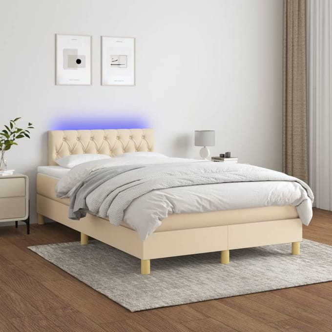 vidaXL - Boxspring - met - matras - en - LED - stof - crèmekleurig - 120x200 - cm