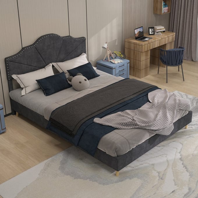 REDOM Bedframe 140x200 cm – Geometrisch hoofdbord met siernagels – Incl. lattenbodem – Grijs