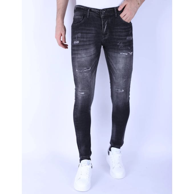 Stonewash Mannen Jeans Slim Fit met Scheuren - 1096 - Grijs