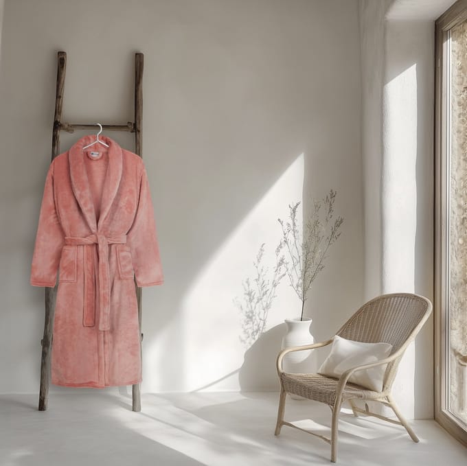 Good Morning badjas effen kleur - M/L - Roze - 100% Polyester flanel