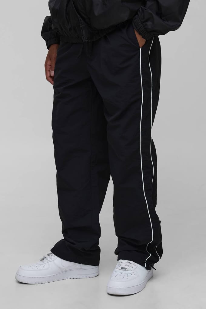 Relaxed Fit Nylon Piping Detail Track Pants | Black | Size Medium