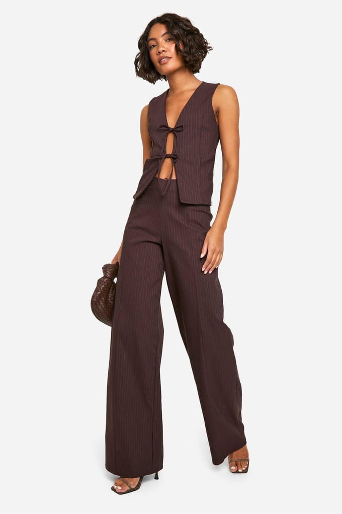 boohoo Dames Lange Tie Front Pinstripe Vest | Chocolate | Maat: 14