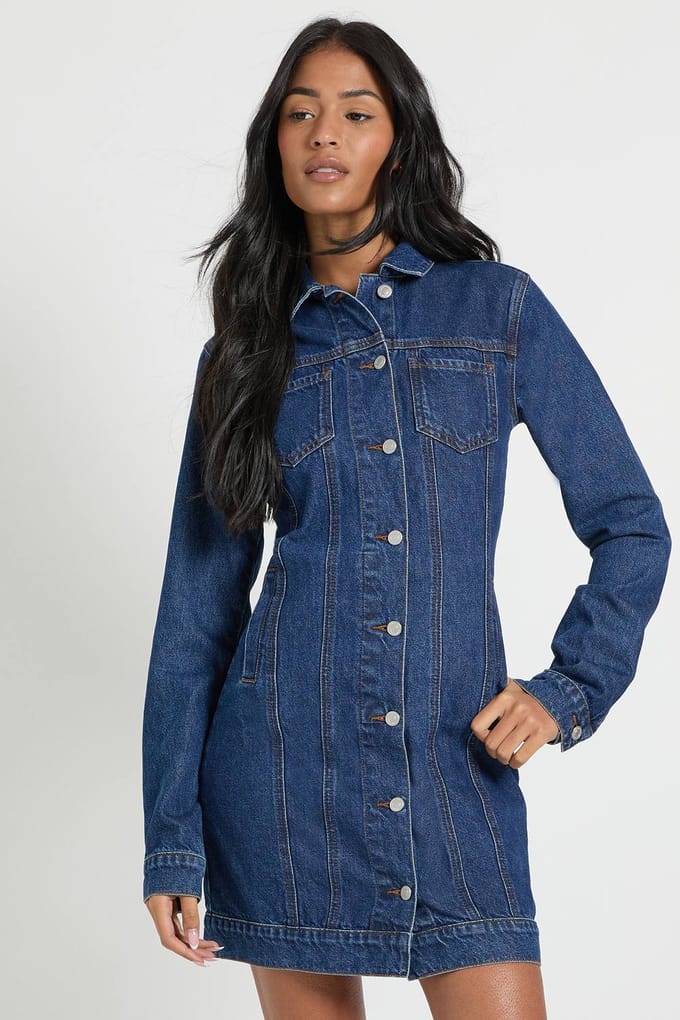 boohoo Dames Hoge Westerse Denim Minijurk | Indigo | Maat: 8