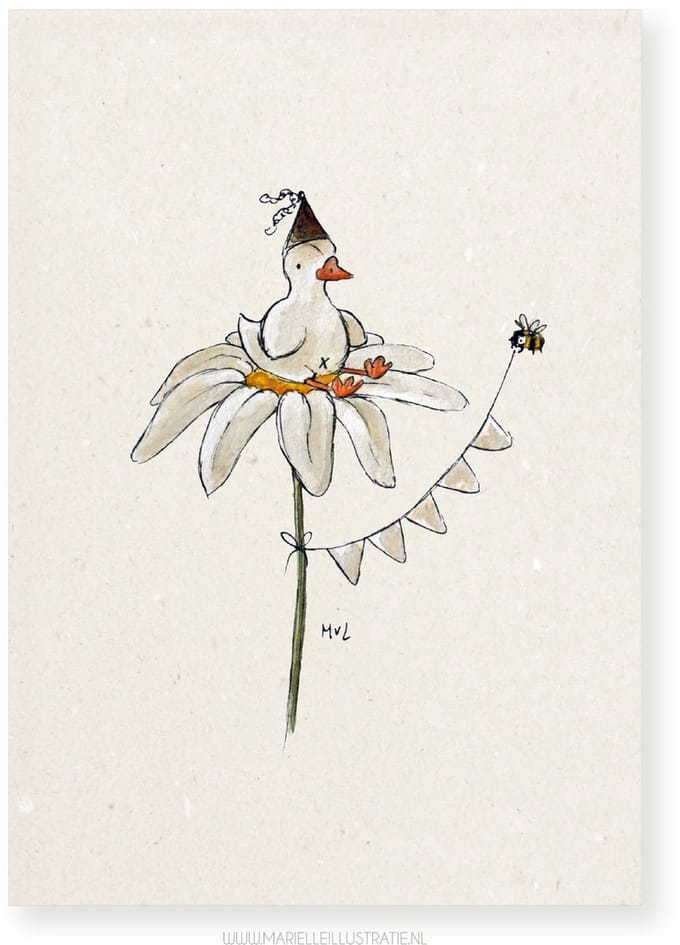 Eend op bloem, wenskaart 10x15cm, illustratie van aquarel en fineliner