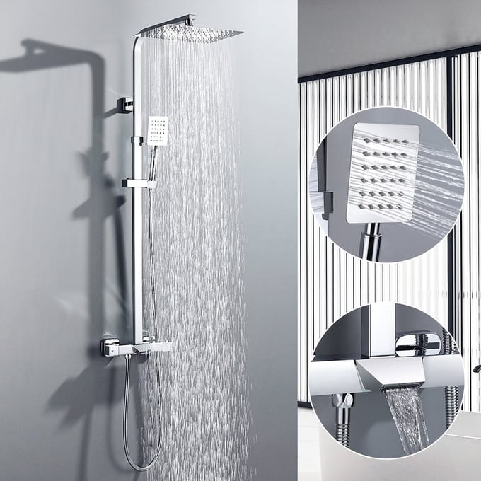Auralum Max Thermostaat Doucheset - 3 Functies (Regendouche, Handdouche, Waterval) - 38°C Constant - Verstelbare Douchestang - Chroom