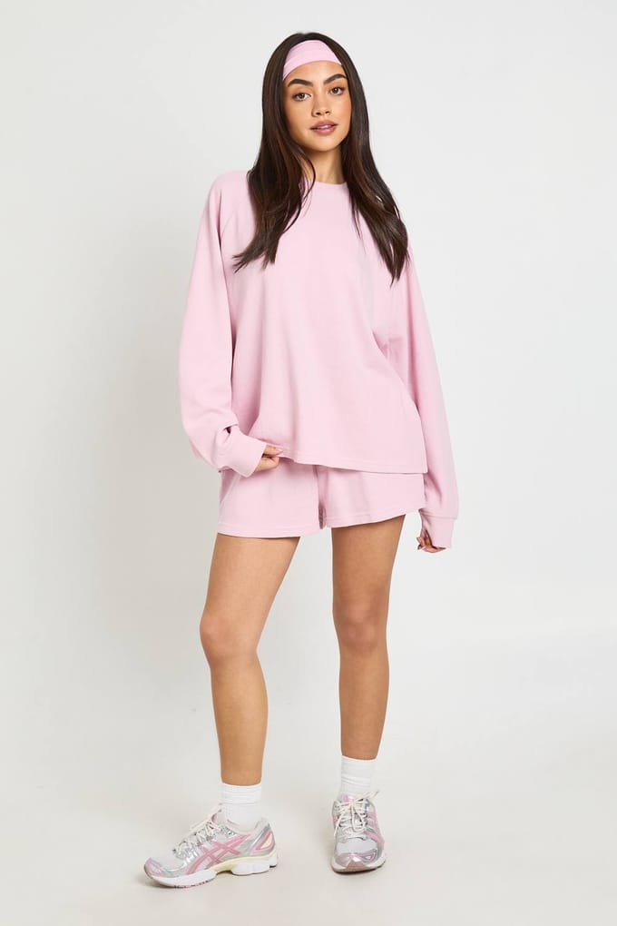 boohoo Dames Wafel Henley Shorts | Light Pink | Maat: 16