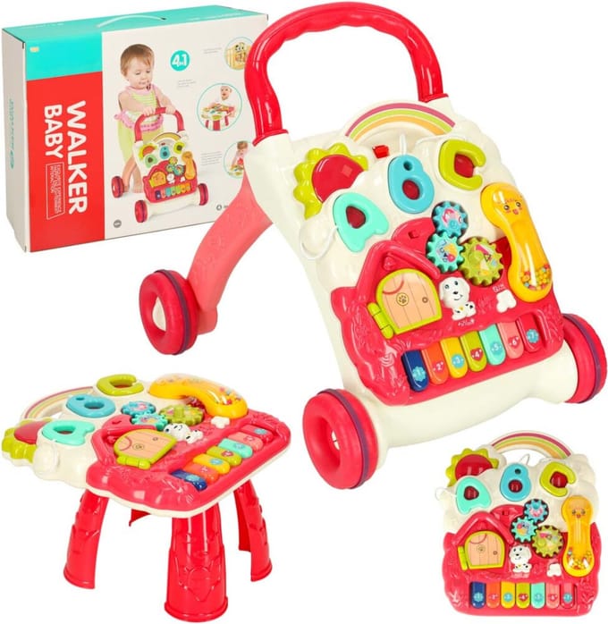 Playos® - Looptrainer 4 in 1 - Roze - met Geluid - Educatief Babyspeelgoed - Loopwagen - Leren Lopen - Baby Walker - Looptrainer