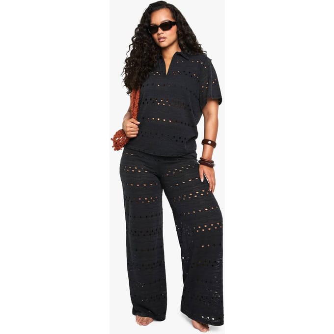boohoo Dames Plus Beach Wijde Strandbroeken | Black | Maat: 28