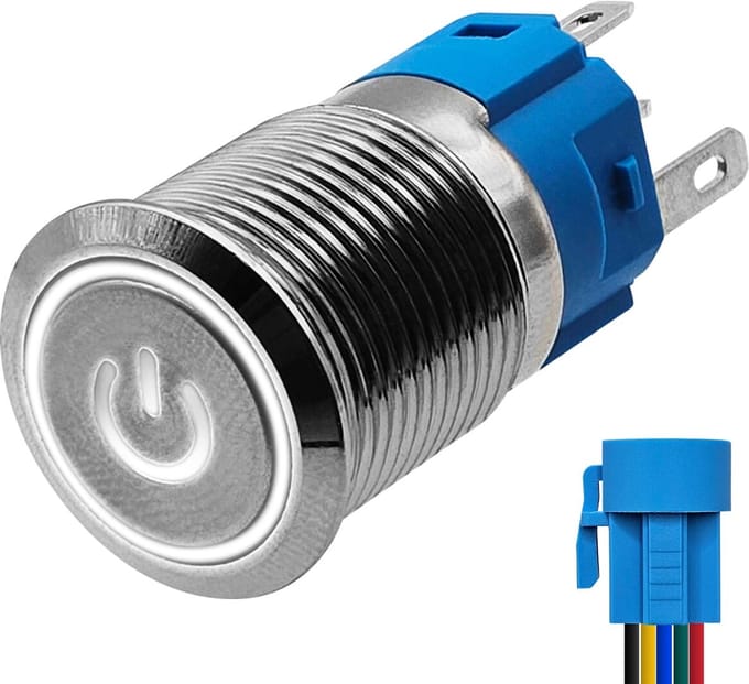 ProRide Metalen Drukschakelaar ON-OFF met Aansluitkabel - 16mm - Spatwaterdicht - 220V - LED Indicatie Wit