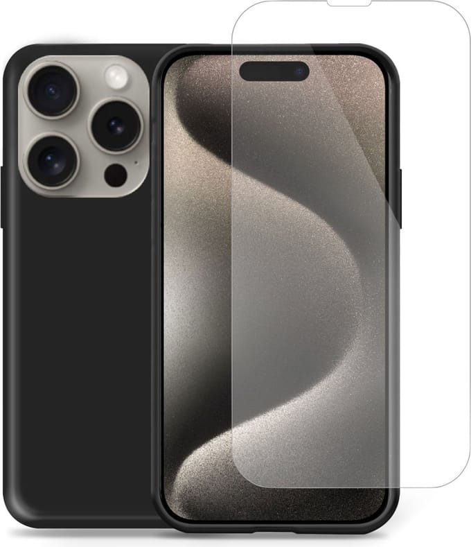 Hoesje geschikt voor iPhone 15 Pro Max + Screenprotector – Tempered Glass - Liquid Back Case Cover Zwart