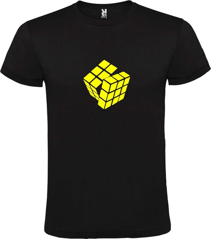 Zwart T-Shirt met “ Rubik's Kubus “ afbeelding Neon Geel Size L