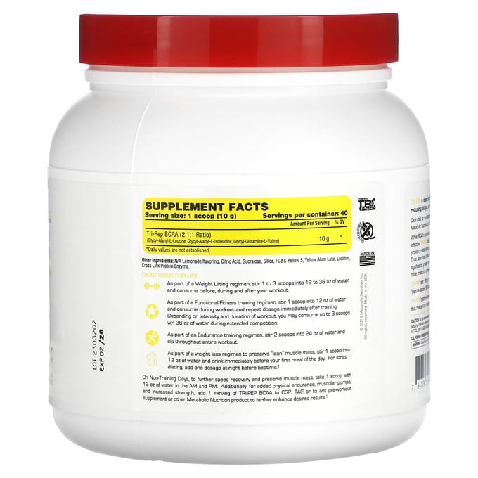 Metabolic Nutrition, Tri-Pep, Acides Aminés à Chaîne Ramifiée, Limonade, 14,1 oz (400g)