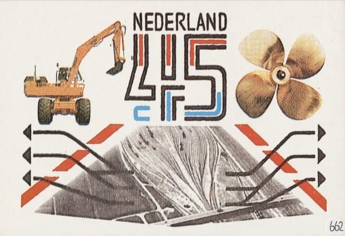 Briefkaart met afbeelding Rangeerterrein, graafmachine, scheepsschroef postzegel