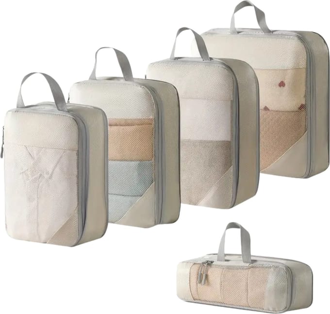 Nivard Koffer Organizer Set - Packing Cubes - Compressie - Travel - Compression - Set - Beige