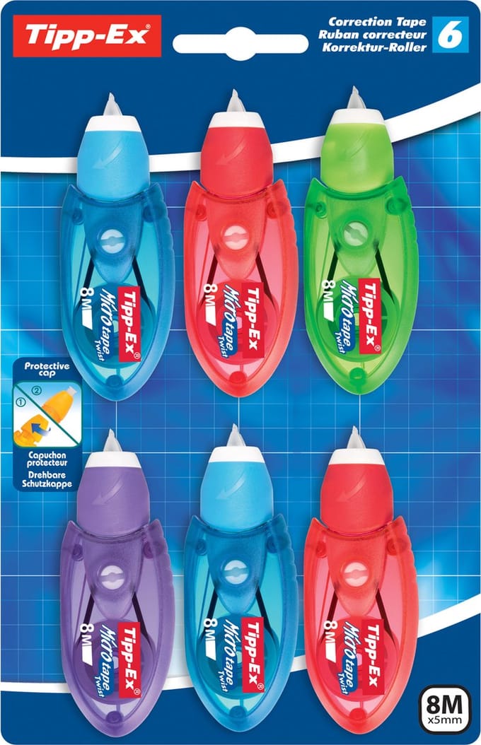 Tipp-Ex Micro Tape Twist - Correctieroller - Tippex Corrector - Direct Droog - 8 Meter Correctietape - 6 Stuks