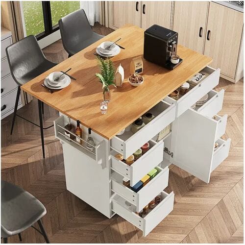 Merax Keukeneiland op wielen - 122 x 40 x 91,5 cm - uitschuifbare keukentrolley + 8 lades - MDF - wit