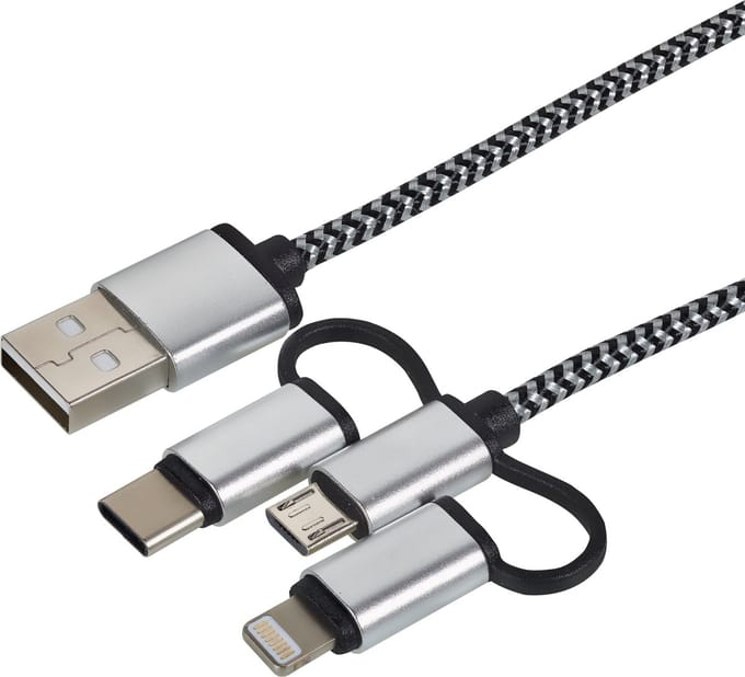 Cartrend 3-in-1 data- en oplaadkabel zwart/wit 1 m