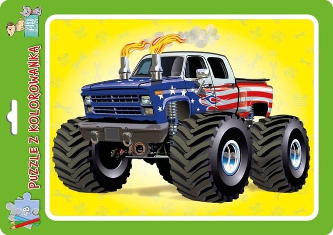 Puzzel in een frame met een kleurplaat. Monstertruck - puzzel