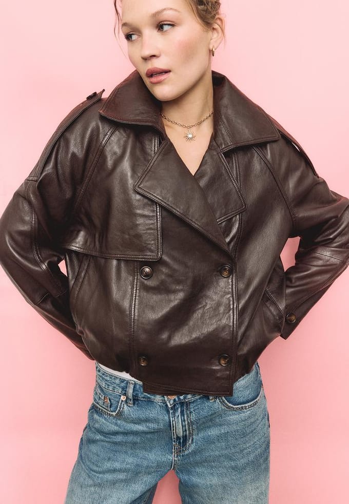 Stradivarius Oversized trenchcoat van 100% leer  Bruin XS