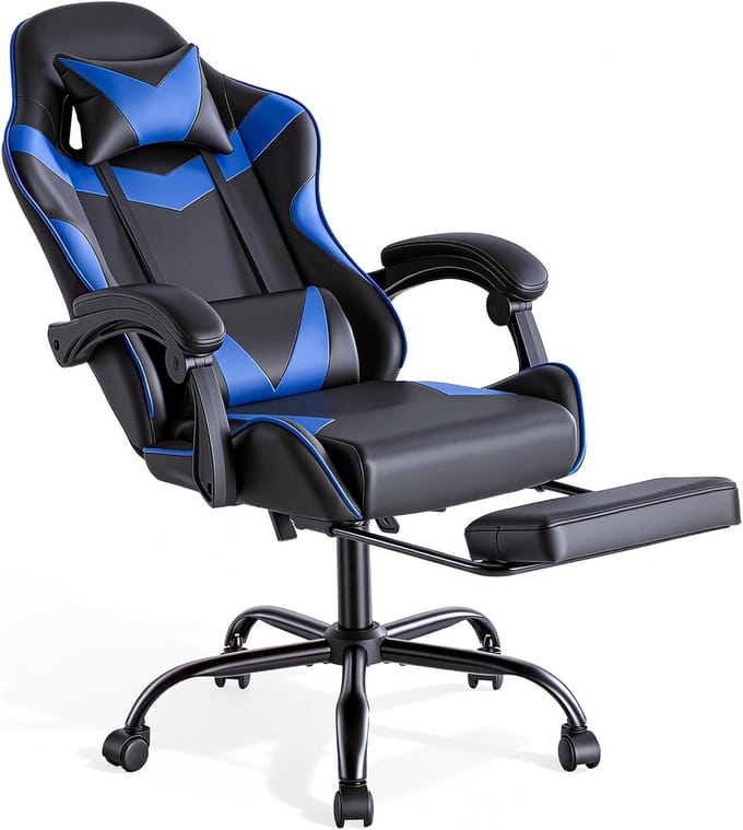 Ergonomische Gamingstoel Blauw met Voetensteun en Verstelbare Rugleuning - PC Bureaustoel