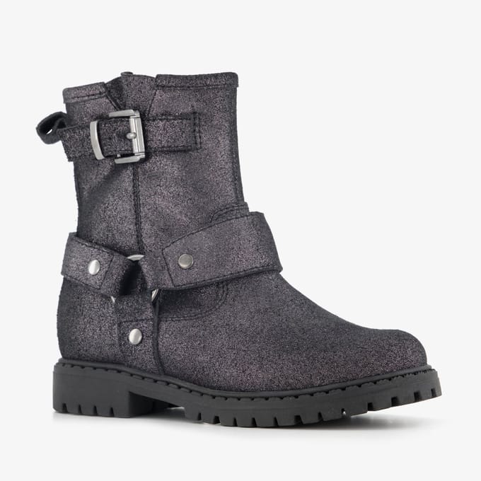 Stap leren meisjes biker boots met glitters zwart - Maat 29