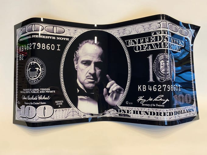 Godfather dollar sculpture op plexiglas 65x33cm