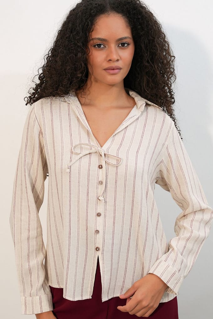 Gestreepte Linnenmix Shirt Met Strikdetail