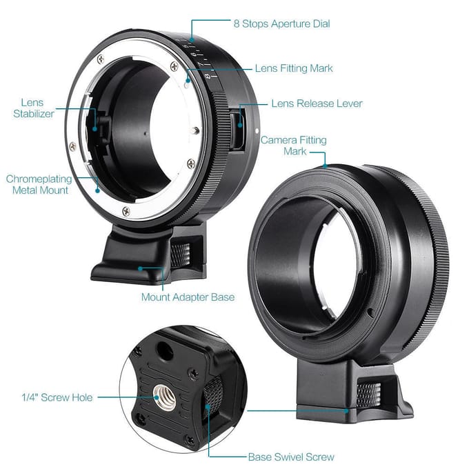 VILTROX NF-NEX-vattingadapterring voor Nikon G/F/AI/S/D-lens om camera te monteren black