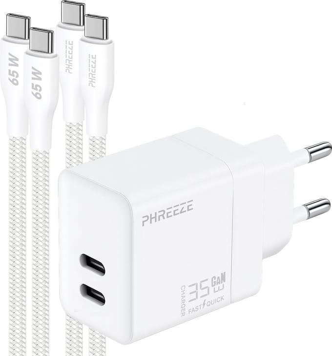 Phreeze usb C adapter 35 W - Twee usb C poorten - Power Delivery snellader met 2 usb C naar usb C kabels 1m