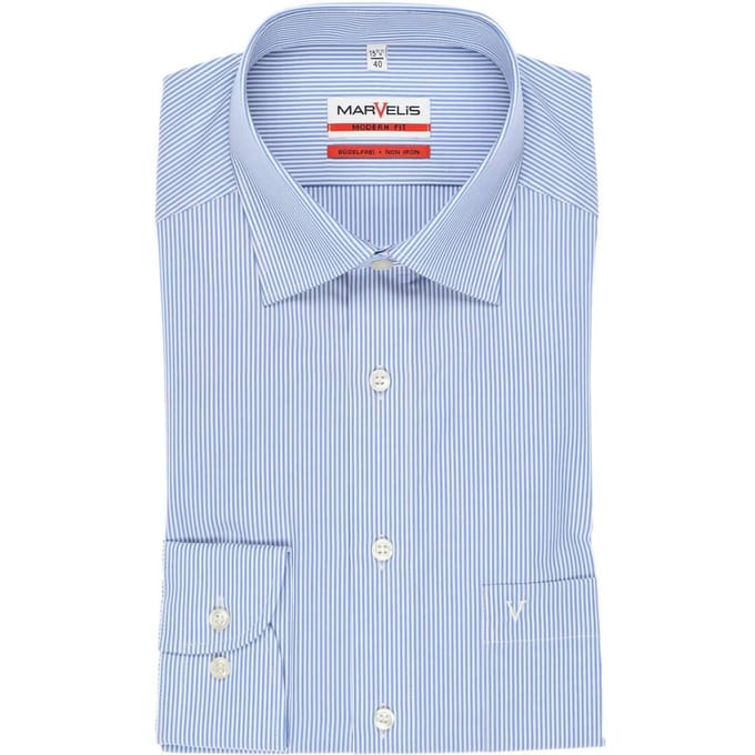 MARVELIS modern fit overhemd - blauw met wit gestreept - Strijkvrij - Boordmaat: 41