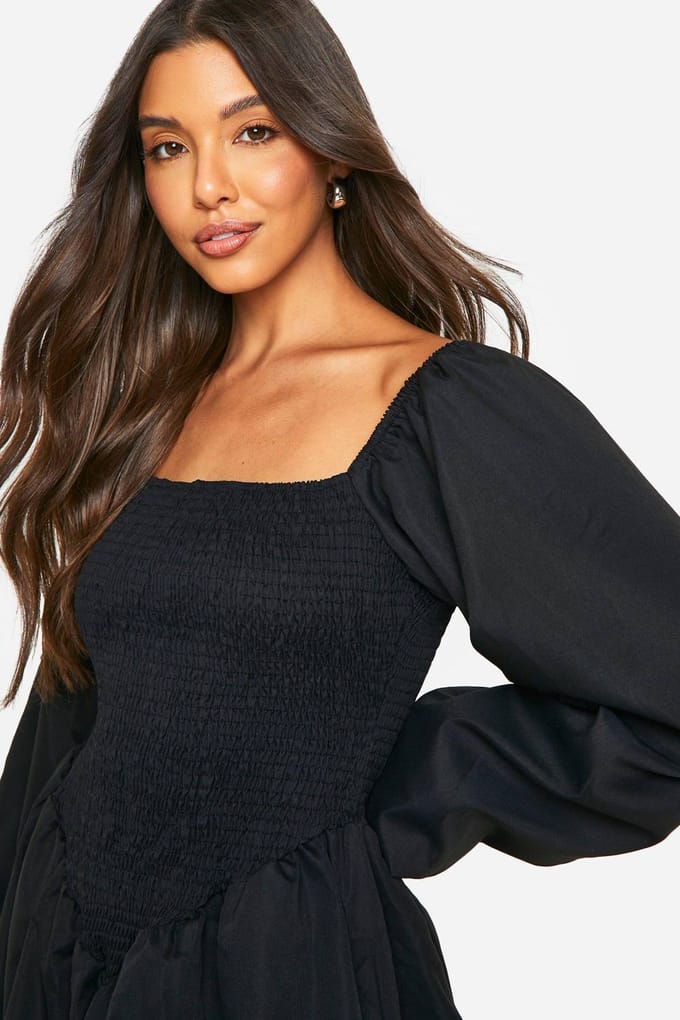 boohoo Dames Gerimpelde Lange Mouw Smock Jurk | Zwart | Maat: 36