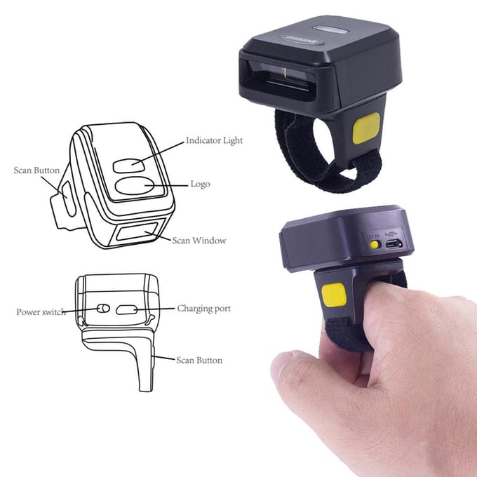 Barcodescanner Draagbaar Vinger Handheld Draagbare Ring 1D 2D Barcodelezer BT+2.4G Draadloos 2D barcode zwart