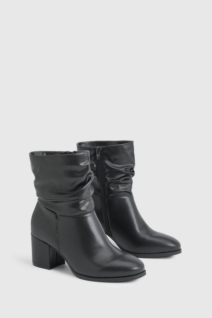 boohoo Dames Extra Brede Pasvorm Wijdere Kuit Gerimpelde Blokhak Enkellaarzen | Black | Maat: 4