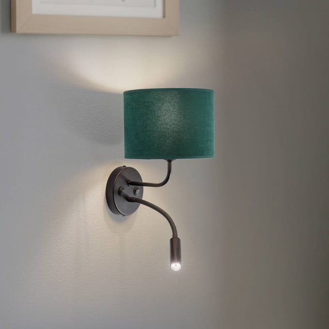 Duolla Wandlamp Roller, fluweel donkergroen, zwart, met leeslampje