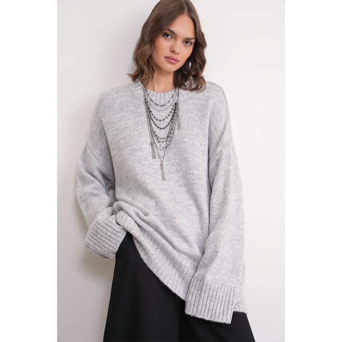 Oversized Geribbelde Gebreide Trui met Ronde Hals