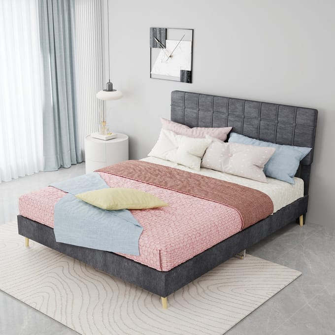 MODFU - Bed - Geruit Hoofdbord - Moderne Stijl - Slaapkamer - Fluweel - Grijs - 140 x 200 cm