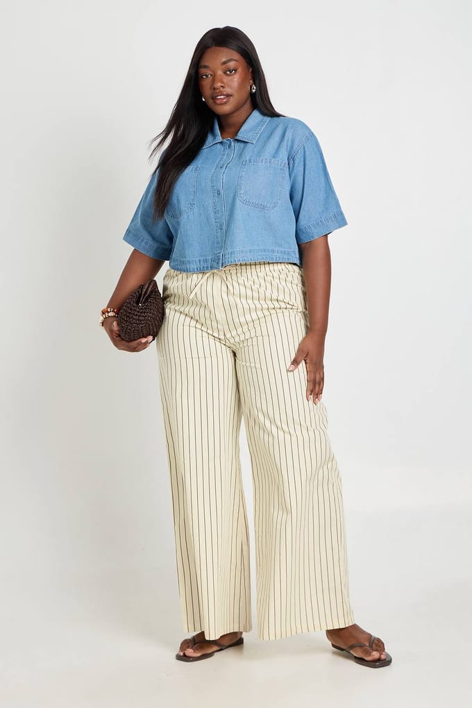 boohoo Dames Plus Chambray Crop Overhemd Met Zak En Verlengde Lengte | Medium Gebleekt | Maat: 46