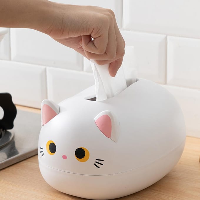 Cartoon Kat Tissuebox Desktop Papieren Servetten Opbergdoos Papiercontainer Huisdecoratie wit