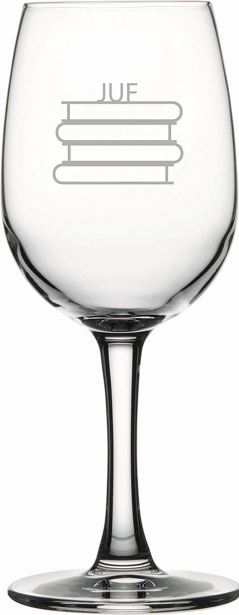 Gegraveerde witte wijnglas 26cl Juf met boeken