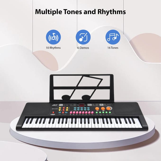 Clavier électronique 61 touches Piano double haut-parleur 16 tons 10 rythmes 6 instruments de musique de démonstration avec noir