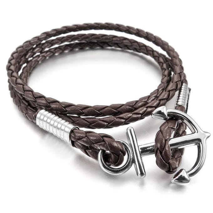 Gevlochten heren armband met Anker - Zwart - 80 cm