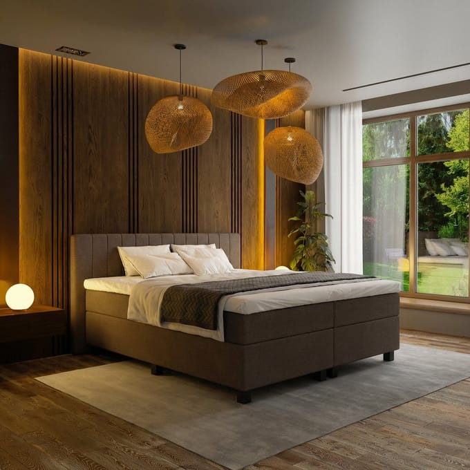 Mörgenn Boxspring Douze - Pocketvering - 12-Baans Hoofdbord - Bruin - 90x210 cm - Inclusief Dekbed en Kussens