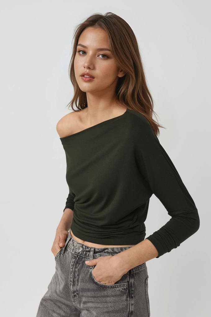 Asymmetrische Kraag Lange Mouwen Elastische Brei T-shirt